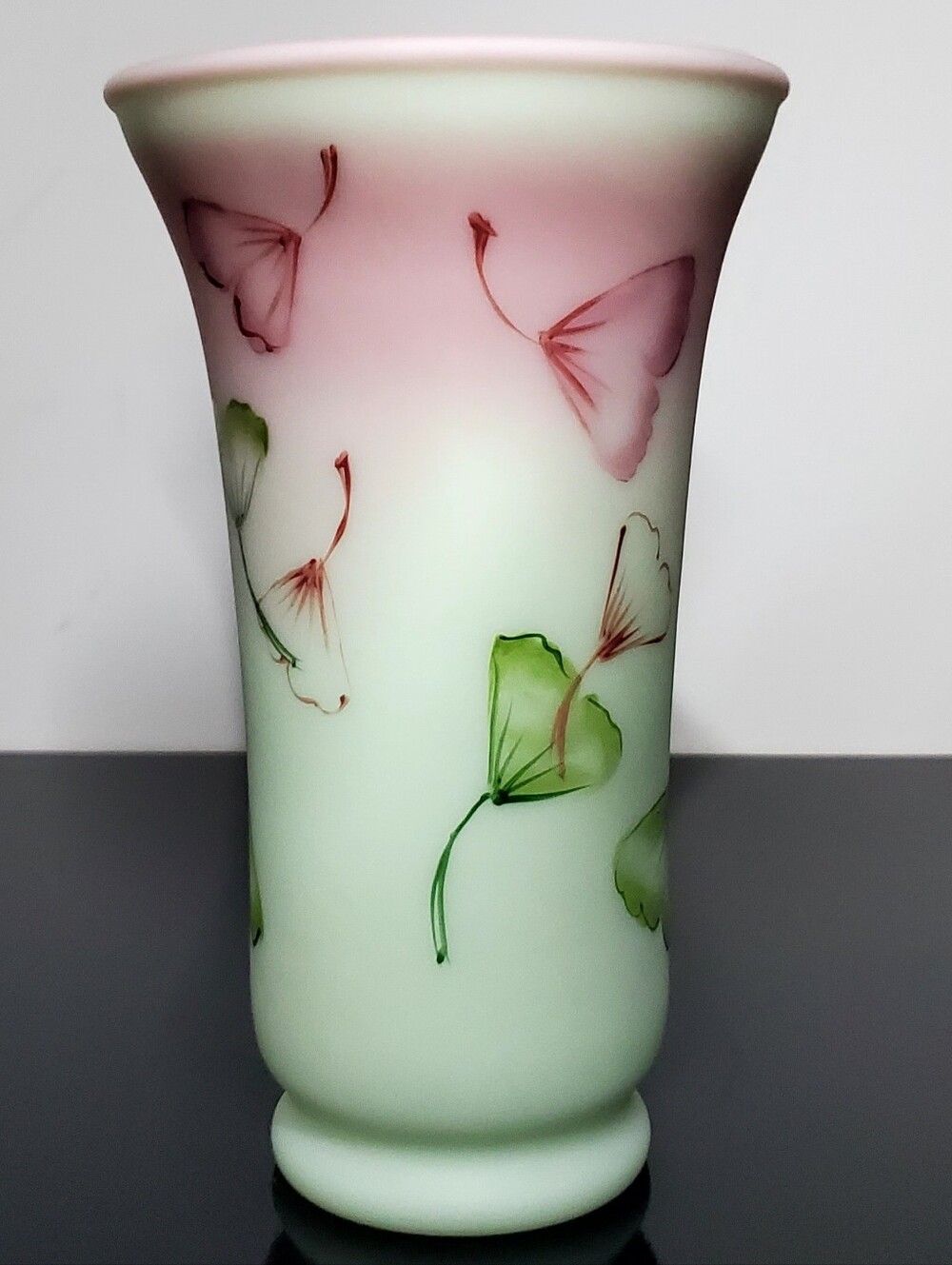 NIB Fenton Lotus Mist Burmese Ginkgo Leaves Hand Painted Vase Signed 8.5" 2007 - Picture 9 of 14